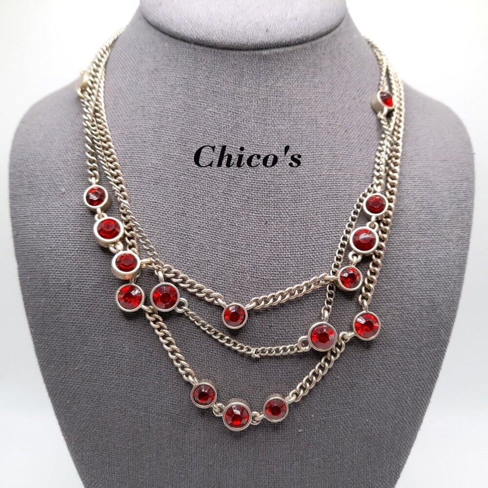 Chico's Red Rhinestone Necklace, Three Strands, Gold Tone, 22 Inches